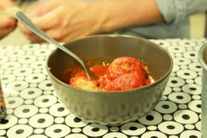 "meat" balls in tomato sauce at Vegan Rock in Sevilla