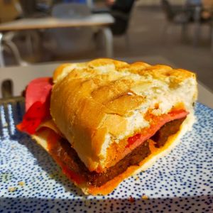 Serranito Sandwich (Seitan, red peppers, no-jamón) at Vegan Rock in Sevilla