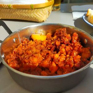 Migas with chorizo at Vegan Rock in Sevilla