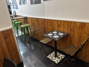Part of the seating (a few more tables behind)  at Vegan Rock in Sevilla