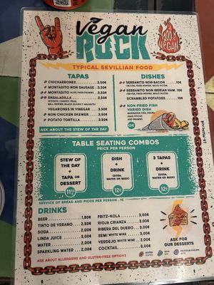 Menu as of July 2024  at Vegan Rock in Sevilla