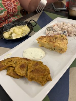 Tapas: non chicken skewer, potato tortilla, ensaladilla, and vegarones in vinegar  at Vegan Rock in Sevilla