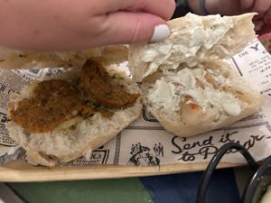 Montadito non sausage, and montadito alioli non prawns  at Vegan Rock in Sevilla