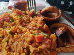 Tacu Tacu vegano con platano frito at Dawn on the Amazon Cafe in Iquitos