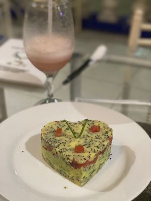 Vegan causa and camu camu juice ( ayahuasca dieta)   at Dawn on the Amazon Cafe in Iquitos