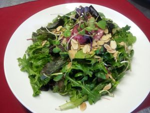 Cookstown Greens Salad: organic greenhouse leaf, beet sauerkraut, dill, cilantro, hemp seeds, sunflower seedlings, goji berries. I highly recommend the wasabi ginger dressing!! at Vidya's Veggie Gourmet in Thornton