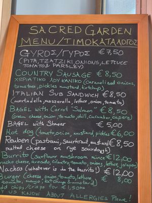 Current menu July 2026 at Sacred Garden Plant Based Deli in Rhodes
