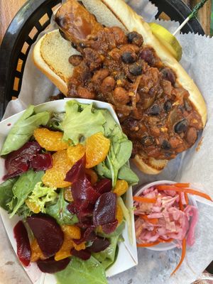 Upgraded to a chili dog with a beet salad (no cheese) on the side  at South Shore Tiki Lounge in Kihei