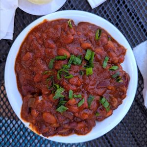 Bowl of vegan chili, served atop rice at South Shore Tiki Lounge in Kihei