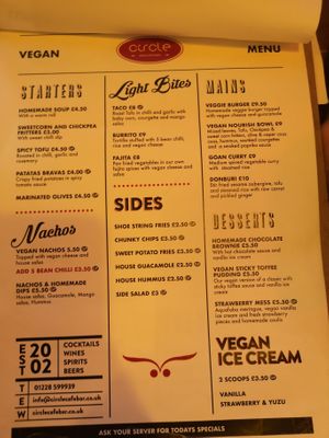 Vegan and gluten free menu at Circle Cafe Bar in Carlisle