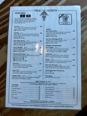 Food menu   at True North in Coburg