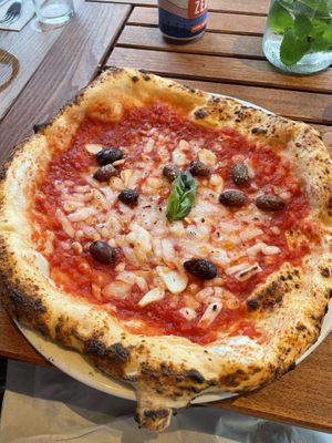 Vegan margherita pizza with olives   at Fatto a Mano Hove in Hove