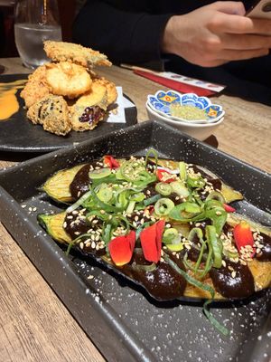 Fried tempura and aubergine in teriyaki sauce   at Moon and Back Nishiki Alley in Kyoto