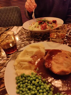 Steak salad - Pie, peas, mash and gravy. at Big Scoffs Diner in Leeds