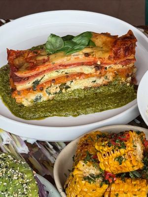 Vegan rainbow lasagna 
Charred corn  at Big Scoffs Diner in Leeds