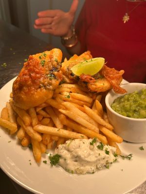 Tofish chips and peas  at Big Scoffs Diner in Leeds