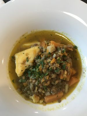 Polenta with lentil stew  at Aterina in Korcula