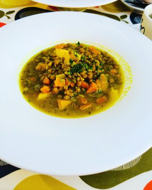 Linsensuppe mit Gemüse und Polentaschnitten  at Aterina in Korcula