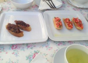 Vegan onion and tomato bruscettas. at Aterina in Korcula