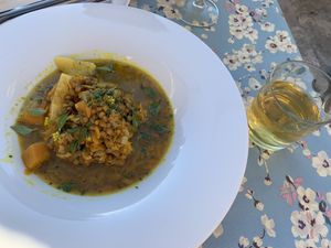 Summer lentils and bottled apple juice  at Aterina in Korcula