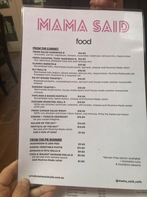 Yummy menu!  at Mama Said Cafe in Red Hill