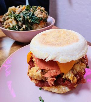 Tofu & bakon muffin $12.50, salad of the day $14.50 at Mama Said Cafe in Red Hill