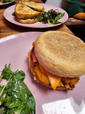 Tofu egg & bakon muff. Shroom toastie. at Mama Said Cafe in Red Hill