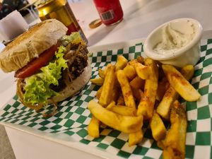 Burger and chips francais at La Cocinita Verde in Bogota
