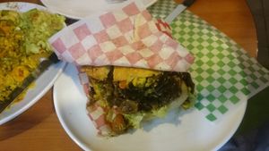 the falafel burger version ";doble";  at La Cocinita Verde in Bogota