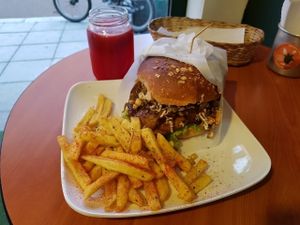 Double falafel burger combo (fries and unsweetened blackberry juice) at La Cocinita Verde in Bogota