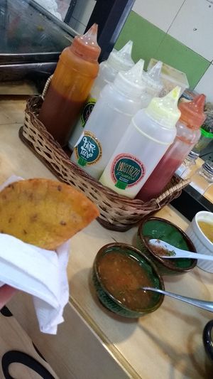 Empanada y salsas at La Cocinita Verde in Bogota
