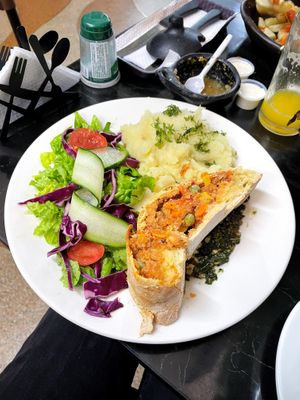 Menú del día main course was a sort of wellington/pastry with mash & salad  at De Nobles in Bogota