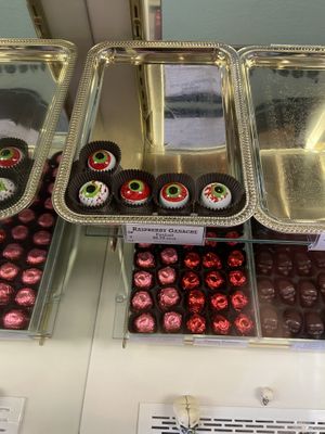 Raspberry ganache eyeballs are vegan!  at Branson’s Chocolates in Ashland