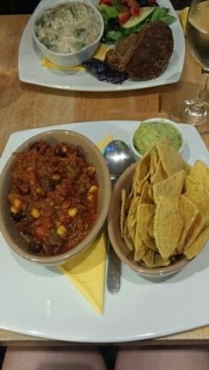 vegan Chilli and tortilla crisps  at Cafe Nom De Plume in Edinburgh