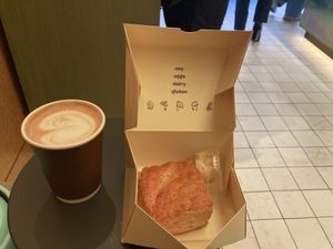 Biscuit and oat milk latte  at Bub's Bakery in New York City