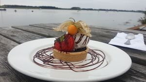 Chocolate and orange tart with vanilla icecream at Ramsholt Arms in England