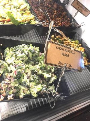 Vegan broccoli salad and vegan baked beans at The Farmhouse Deli and Pantry in Douglas