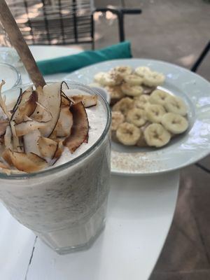 Coconut smoothie and banana sandwich  at Juice Bar at the Harmony Hotel in Nosara