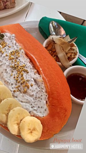 Papaya boat - this was HEAVEN! at Juice Bar at the Harmony Hotel in Nosara