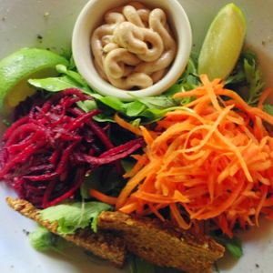 Hummus Pesto Arugula Beets on a Wholegrain, open-faced sandwich at Juice Bar at the Harmony Hotel in Nosara