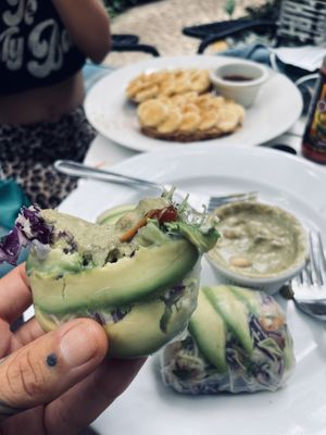Fresh spring rolls with peanut sauce (in the background is the banana nut sandwich) at Juice Bar at the Harmony Hotel in Nosara