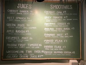Juice and smoothie menu at Juice Bar at the Harmony Hotel in Nosara