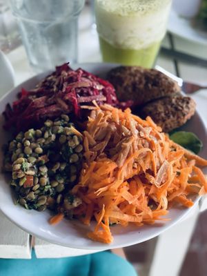 The arugula and beet salad with miso dressing and added lentils at Juice Bar at the Harmony Hotel in Nosara