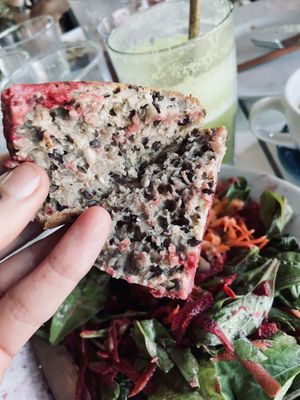 This house made bread is so seedy and magnificent and comes with your salads and open faced sandwiches. It is not GF but they do have a GF option.  at Juice Bar at the Harmony Hotel in Nosara