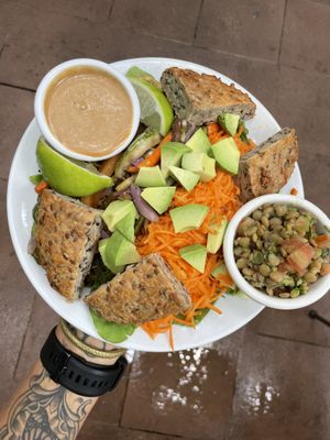Beet and arugula salad with miso dressing sans beets and with roasted veggies in their place + a side of lentils❤️😍❤️ at Juice Bar at the Harmony Hotel in Nosara