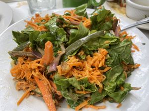 Beet and arugula salad with miso dressing sans beets and with roasted veggies in their place + a side of lentils all mixed up❤️😍❤️ at Juice Bar at the Harmony Hotel in Nosara