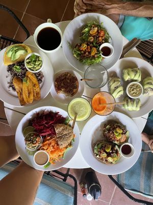 Family breakfast: The Tico, vegan version of Tomato and Goat Cheese (w/ & w/out greens), Spring Rolls, Arugula and Beet salad, Cucumber Mint & Carrot Ginger juices, & Americanos.  at Juice Bar at the Harmony Hotel in Nosara