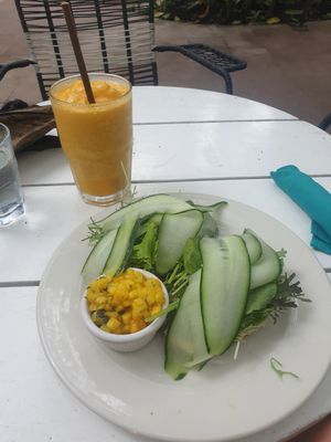 Passionfruit & turmeric juice, hummus & arugula sandwich at Juice Bar at the Harmony Hotel in Nosara