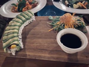 Vegan sushi (not on menu but you can ask for it): mango, red bell pepper, cucumber and Avocado. YUM! at Harmony Hotel Restaurant in Nosara