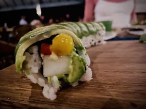 Vegan sushi (not on menu but you can ask for it): mango, red bell pepper, cucumber and Avocado. YUM! at Harmony Hotel Restaurant in Nosara